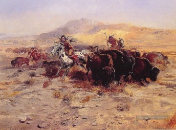 Buffalo Hunt cowboy Charles Marion Russell Indiana Peinture à l'huile